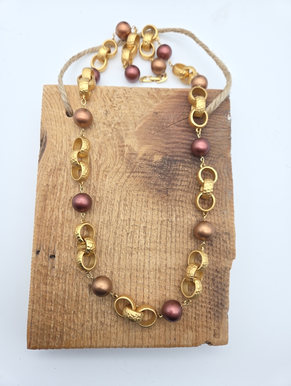 Vintage Signed Napier Hammered Gold Tone Links‎ Beaded Necklace